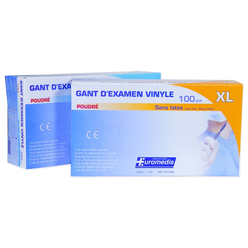 Gants d'examen vinyle, 240 mm, poudrés, boîte de 100